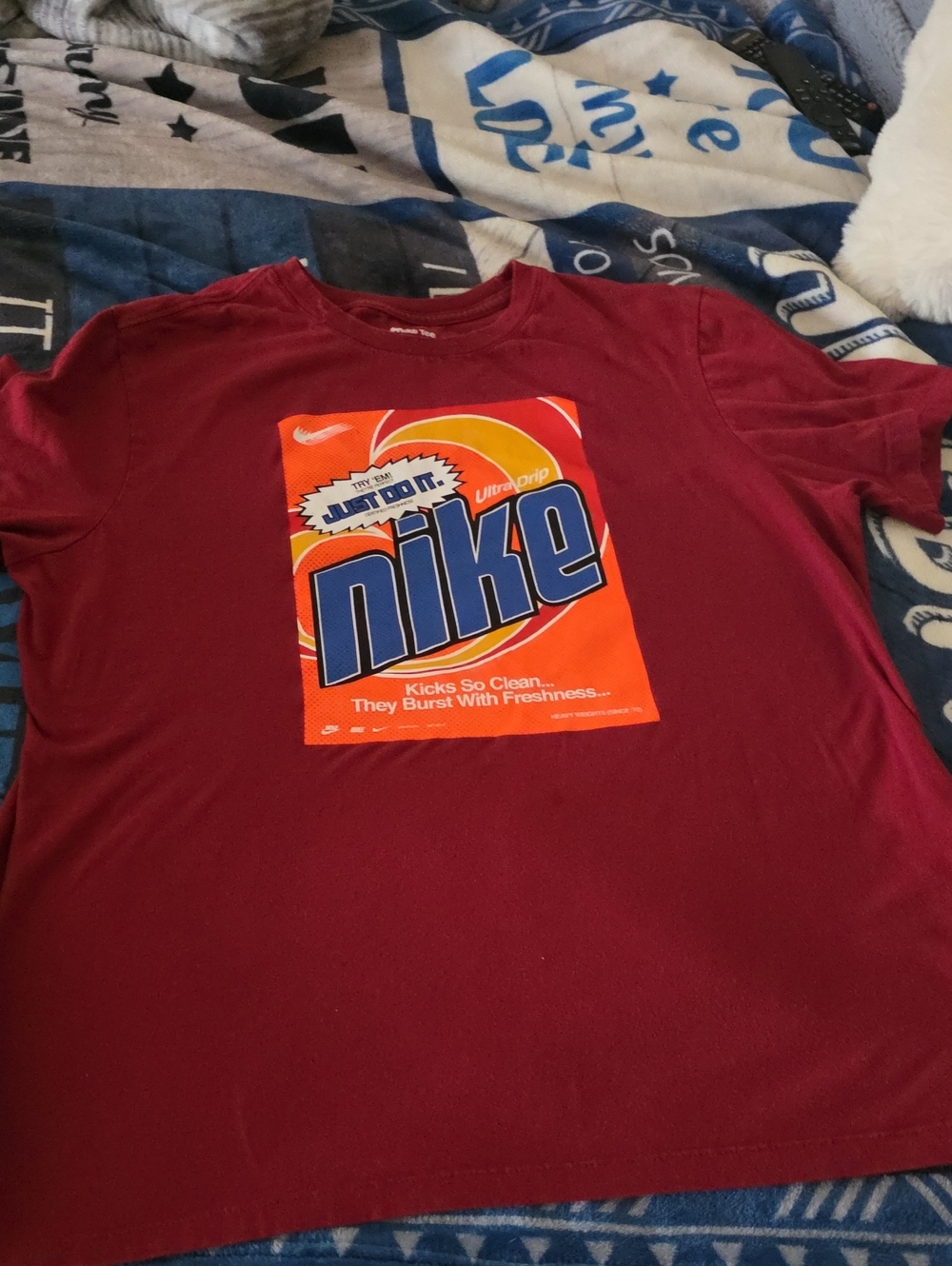 Nike Men's Maroon T-Shirt with Orange & Blue Logo
